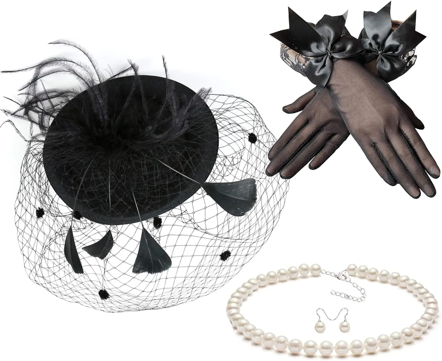 Gionforsy Pillbox Fascinator Veil Feather Derby Hat Lace Gloves Pearl Necklace