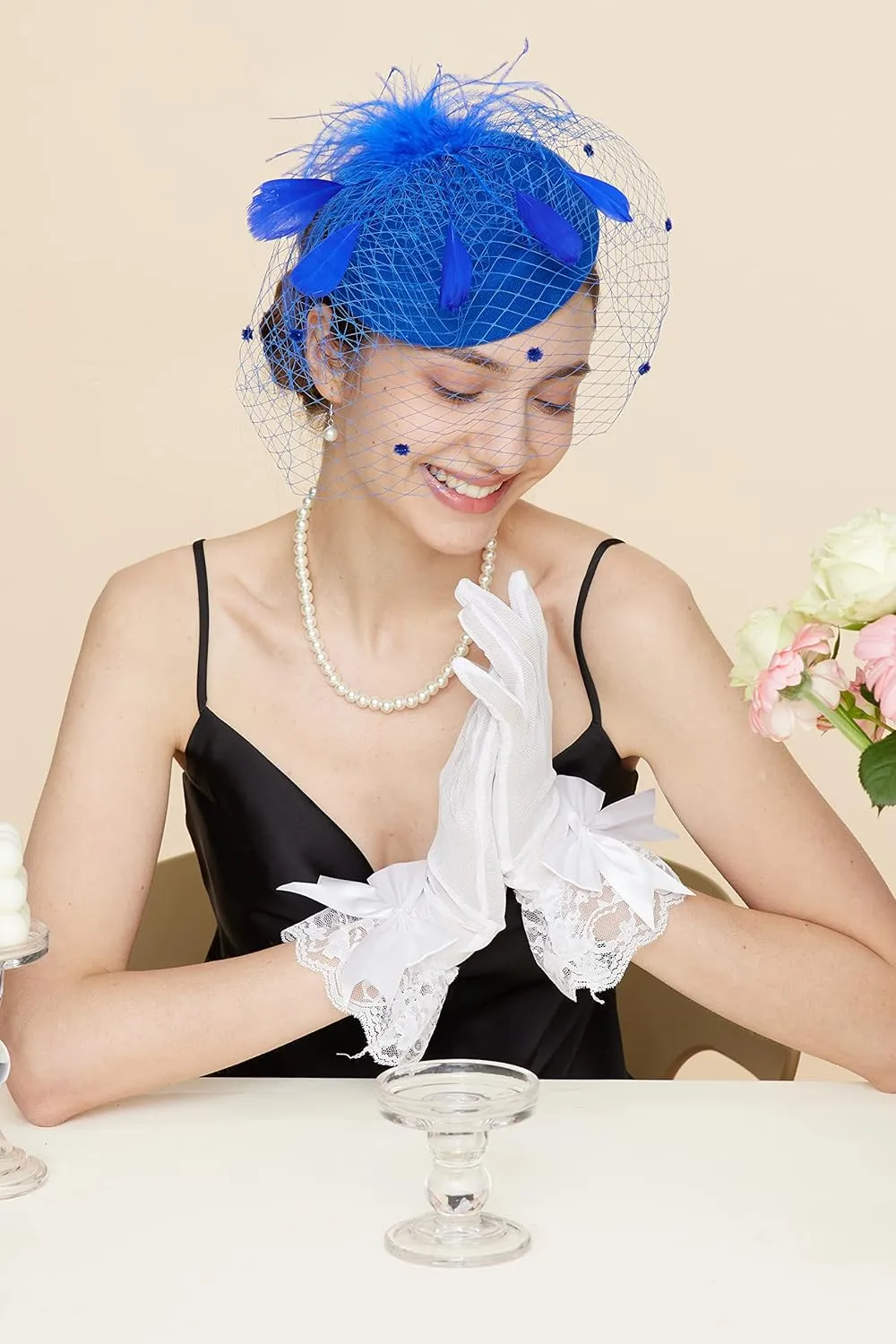 Gionforsy Pillbox Fascinator Veil Feather Derby Hat Lace Gloves Pearl Necklace