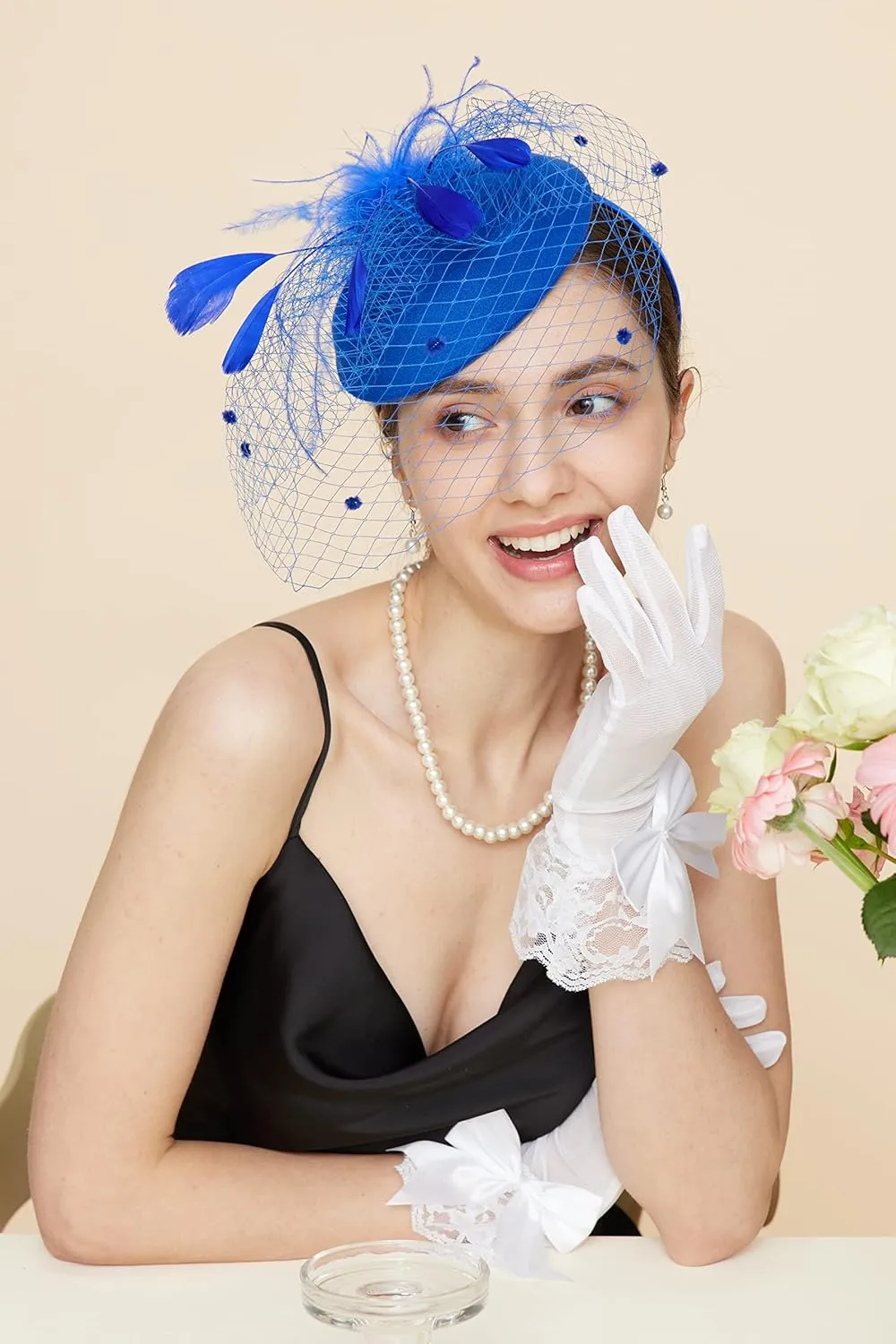 Gionforsy Pillbox Fascinator Veil Feather Derby Hat Lace Gloves Pearl Necklace