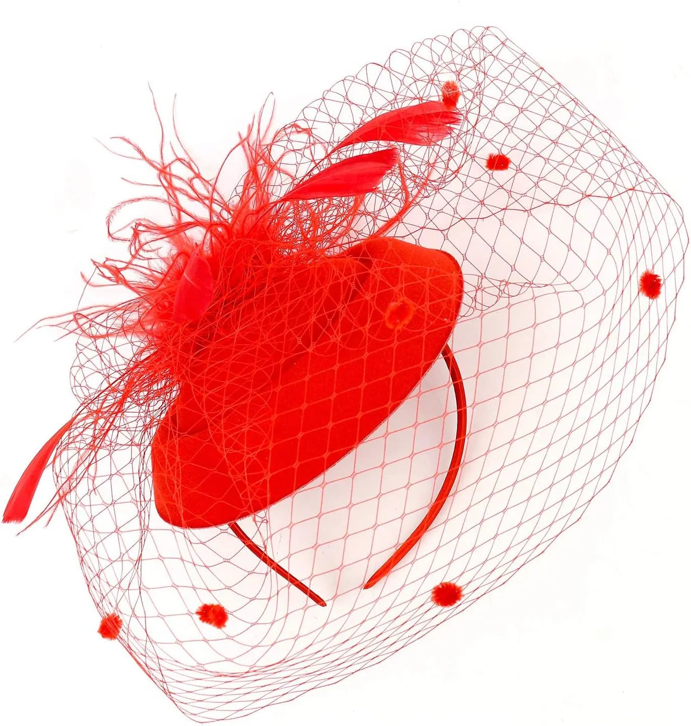 Gionforsy Pillbox Fascinator Veil Feather Derby Hat Lace Gloves Pearl Necklace
