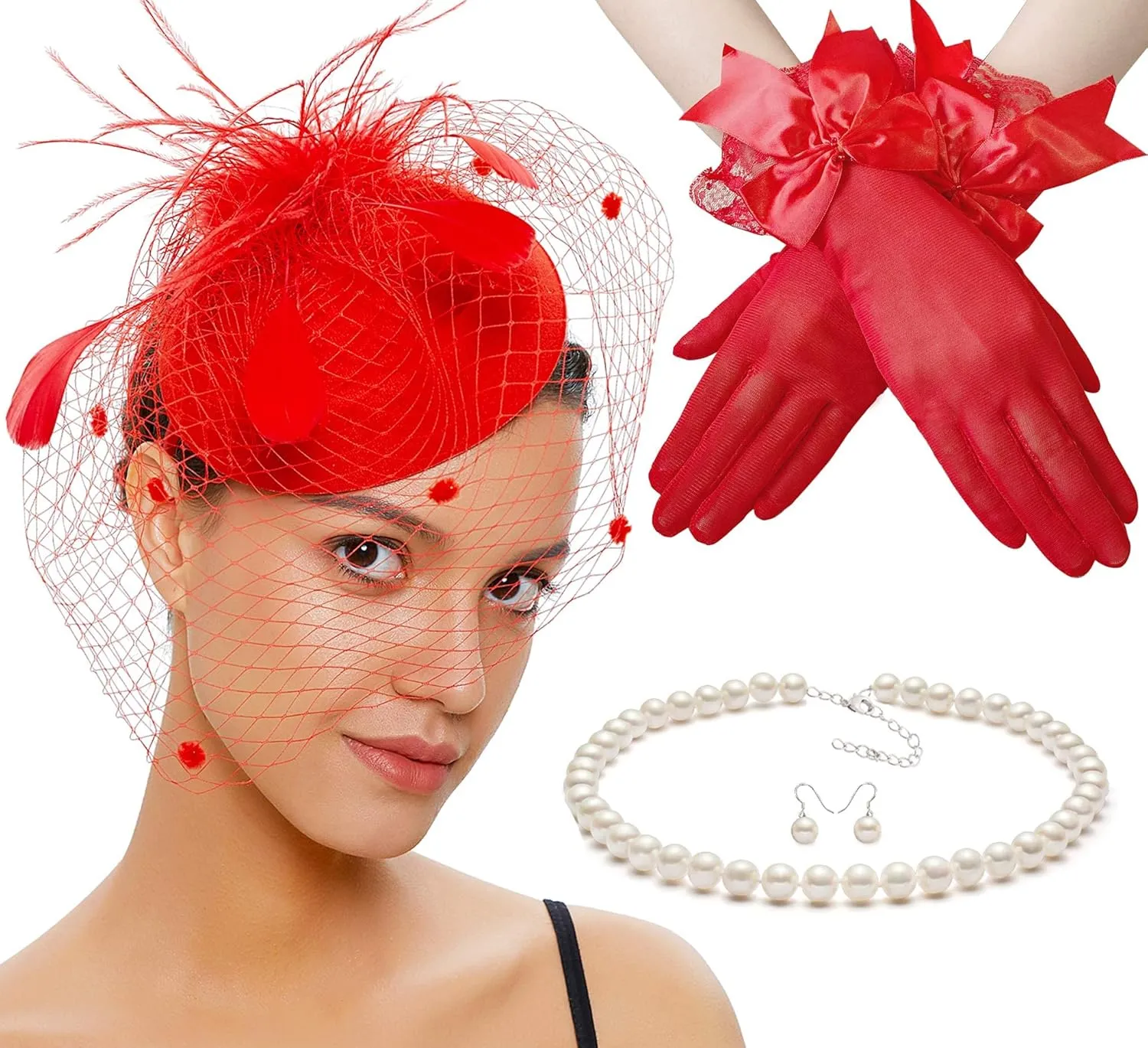 Gionforsy Pillbox Fascinator Veil Feather Derby Hat Lace Gloves Pearl Necklace