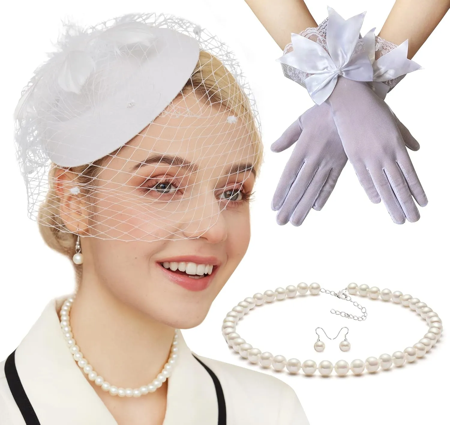 Gionforsy Pillbox Fascinator Veil Feather Derby Hat Lace Gloves Pearl Necklace
