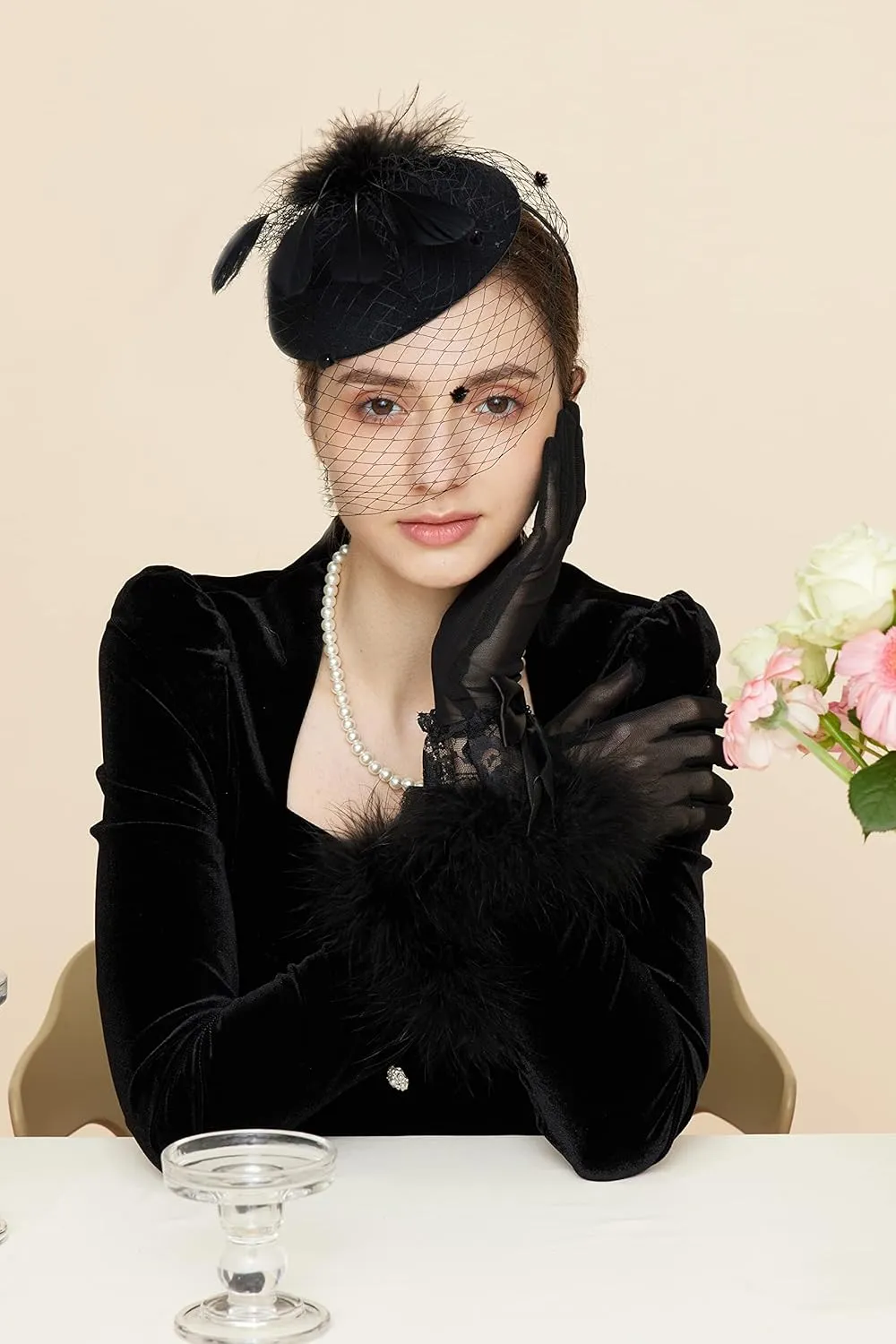Gionforsy Pillbox Fascinator Veil Feather Derby Hat Lace Gloves Pearl Necklace