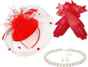 Gionforsy Pillbox Fascinator Veil Feather Derby Hat Lace Gloves Pearl Necklace