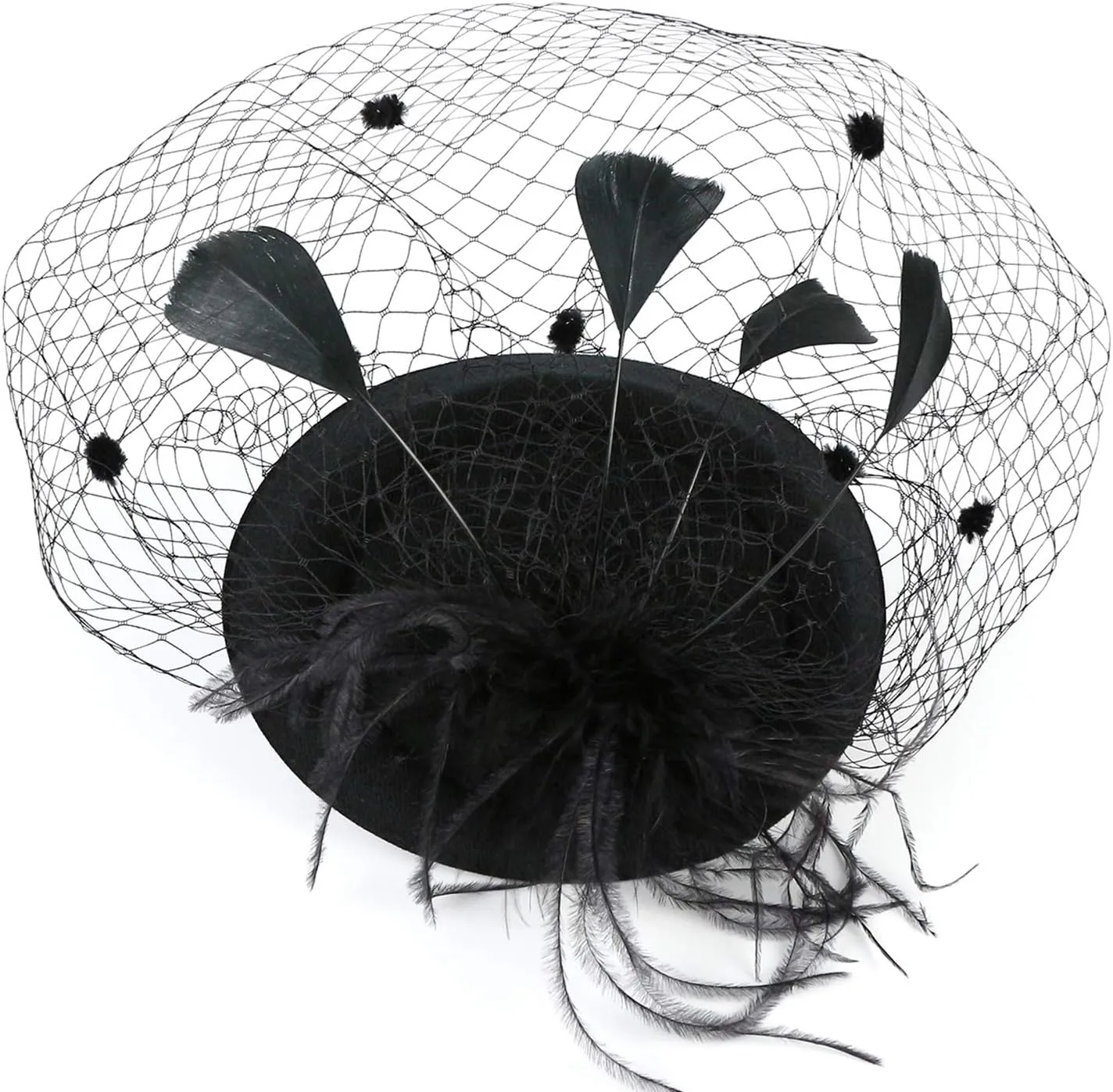Gionforsy Pillbox Fascinator Veil Feather Derby Hat Lace Gloves Pearl Necklace