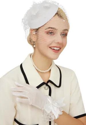 Gionforsy Pillbox Fascinator Veil Feather Derby Hat Lace Gloves Pearl Necklace