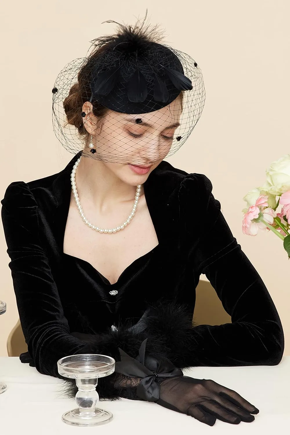 Gionforsy Pillbox Fascinator Veil Feather Derby Hat Lace Gloves Pearl Necklace