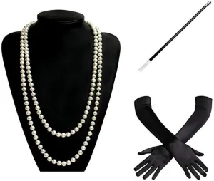 Girl Costume Set Fancy Dress Imitation Pearl Bead Necklace Long Black Gloves Holder Polyester   Plastic