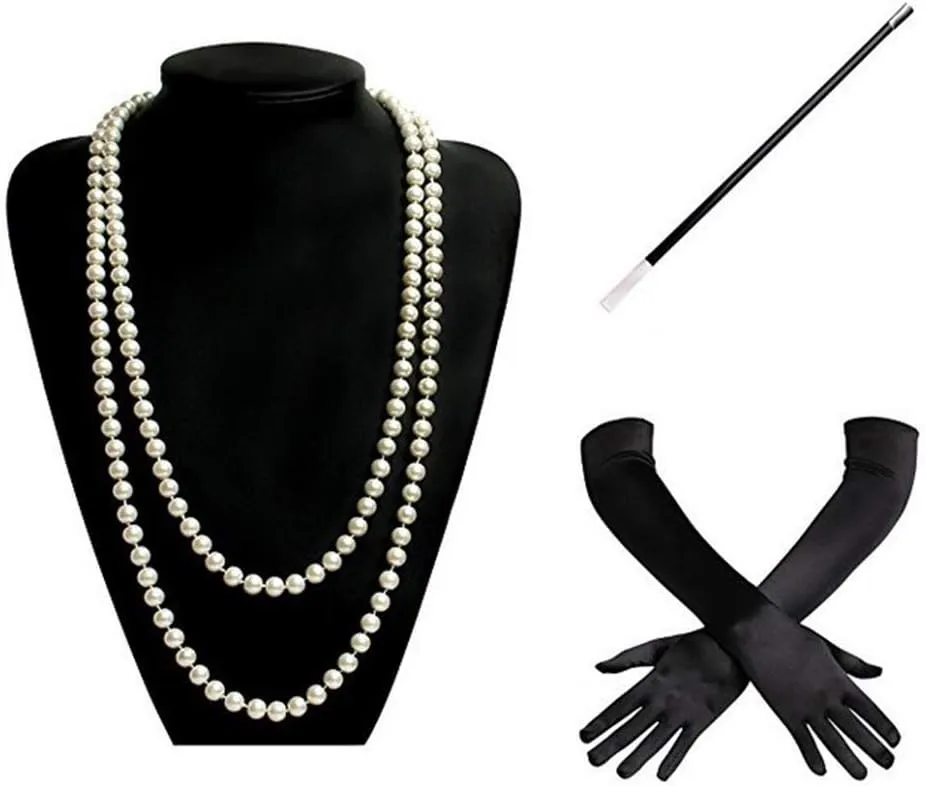 Girl Costume Set Fancy Dress Imitation Pearl Bead Necklace Long Black Gloves Holder Polyester   Plastic