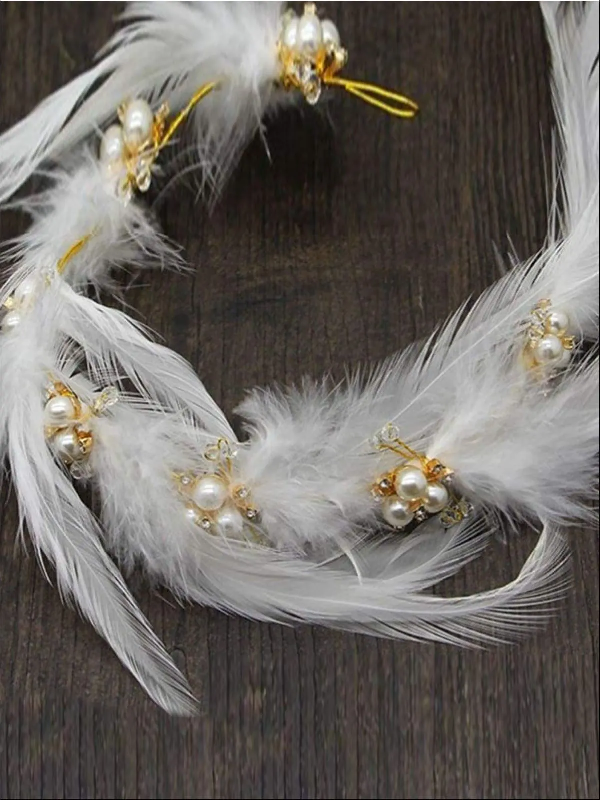 Girls White Feather Pearl Crown Halo Headband