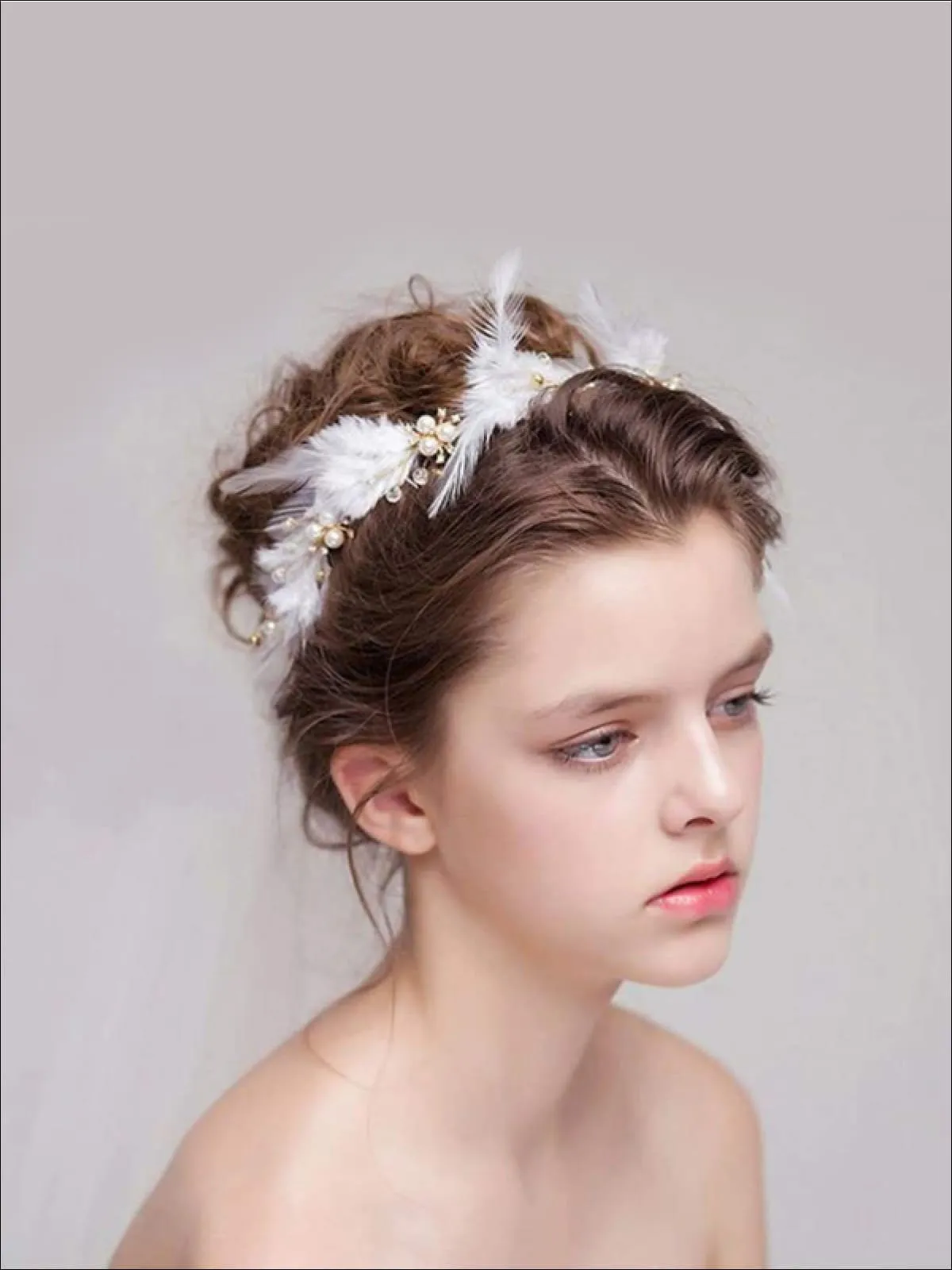 Girls White Feather Pearl Crown Halo Headband