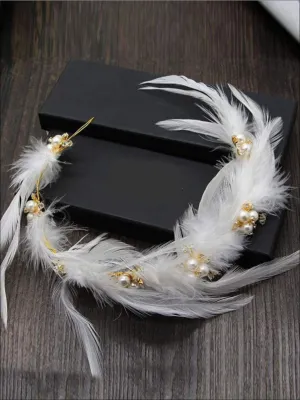 Girls White Feather Pearl Crown Halo Headband