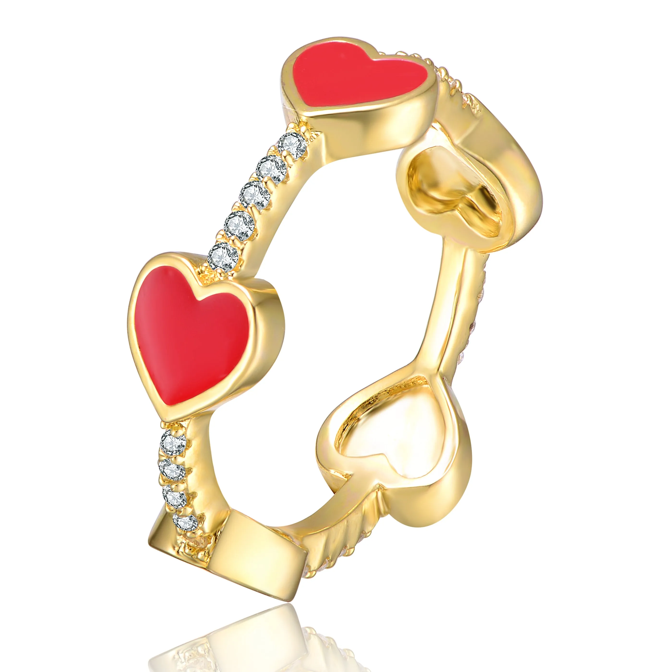 Girls/Teens Sterling Silver 14k Yellow Gold Plated with Cubic Zirconia Red Enamel Heart Stacking Ring