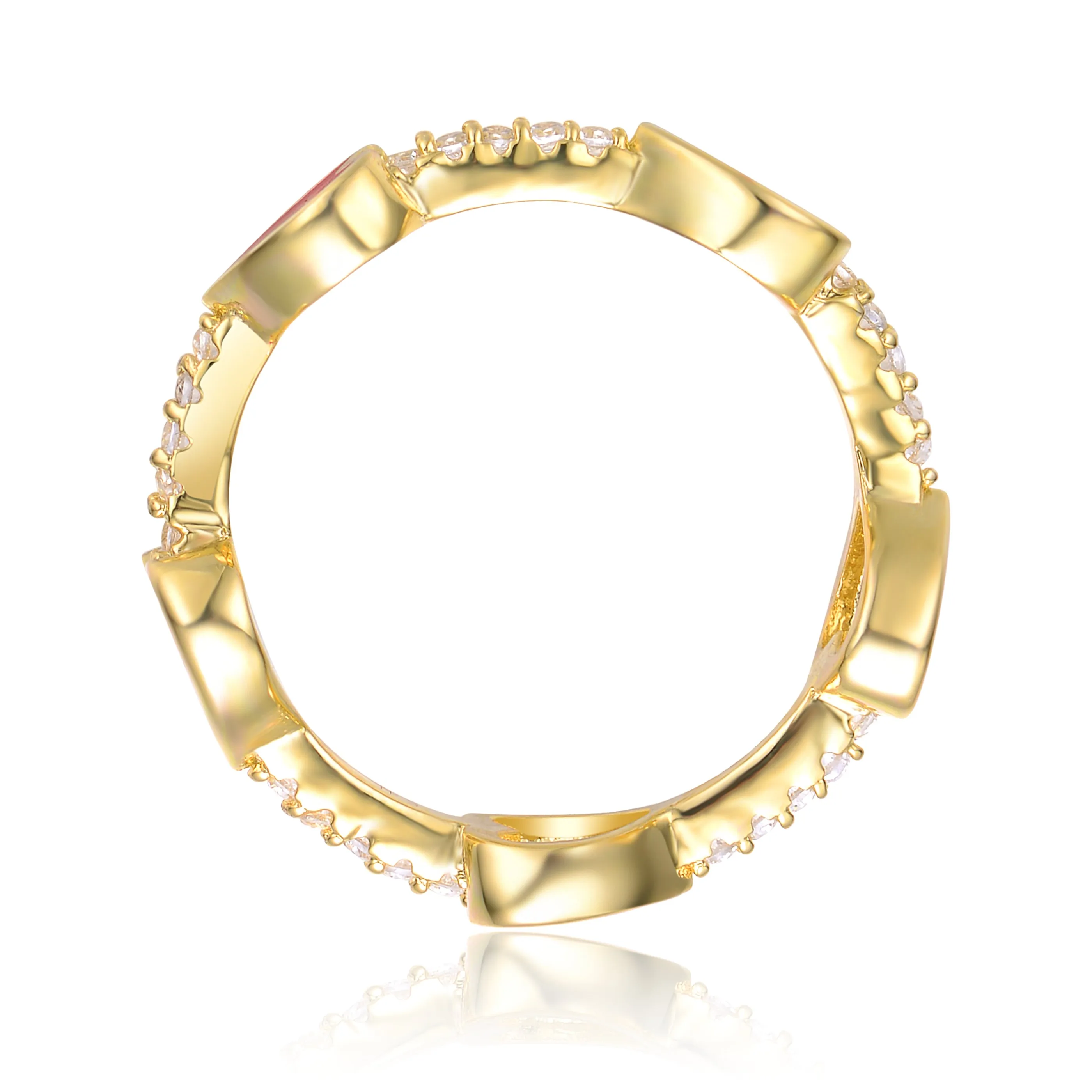 Girls/Teens Sterling Silver 14k Yellow Gold Plated with Cubic Zirconia Red Enamel Heart Stacking Ring
