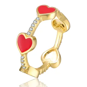 Girls/Teens Sterling Silver 14k Yellow Gold Plated with Cubic Zirconia Red Enamel Heart Stacking Ring