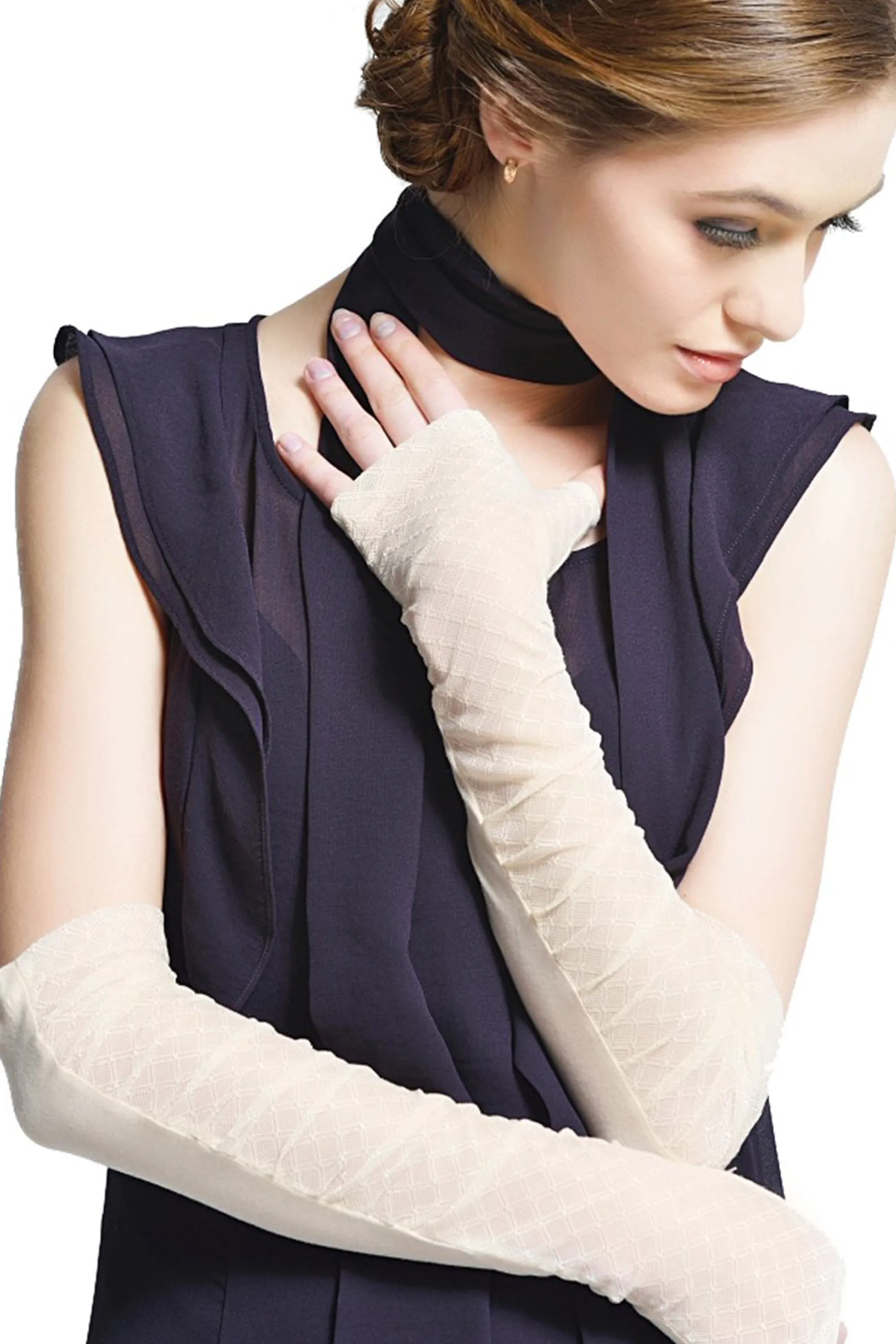 GL10-Womens Long Lace Floral Half Finger Arm Sleeves