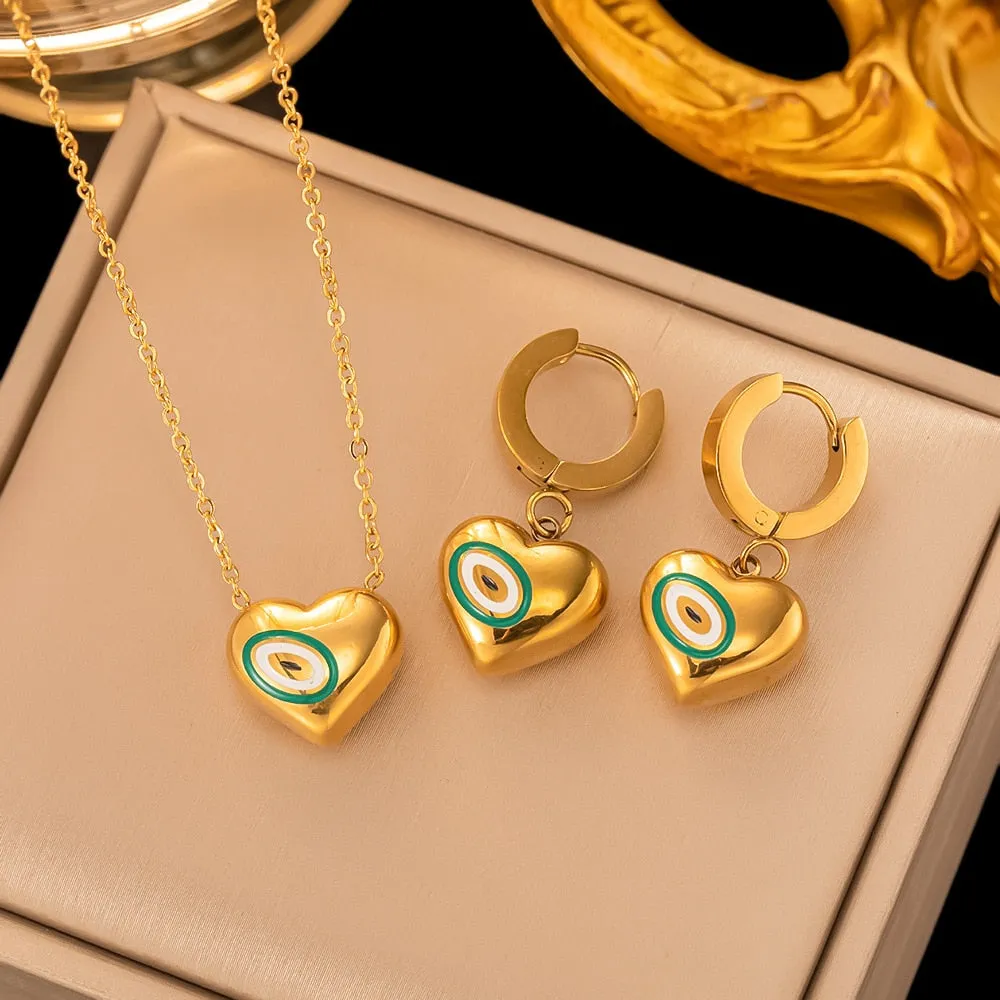 Gold Color Bohemian Vinatge Heart Evil Eye Pendant Necklace Earrings For Women