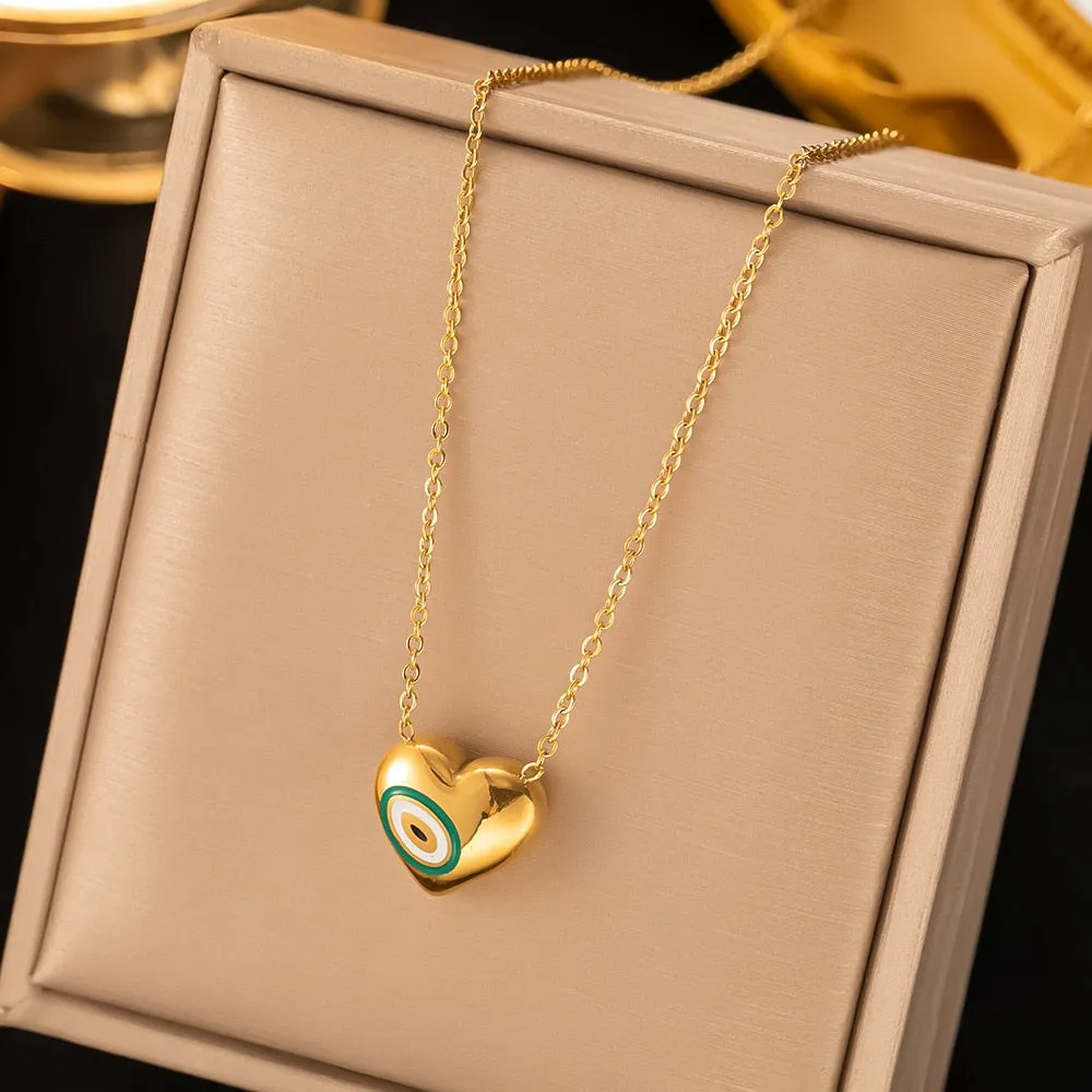 Gold Color Bohemian Vinatge Heart Evil Eye Pendant Necklace Earrings For Women