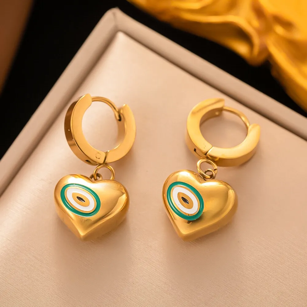 Gold Color Bohemian Vinatge Heart Evil Eye Pendant Necklace Earrings For Women
