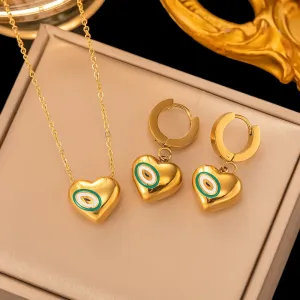 Gold Color Bohemian Vinatge Heart Evil Eye Pendant Necklace Earrings For Women