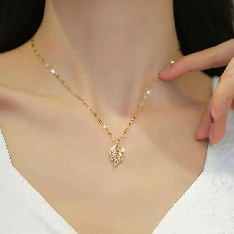 Gold Color Charming Leaf Full Rhinestone Pendant Necklace For Women