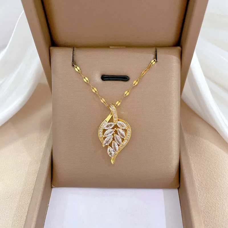 Gold Color Charming Leaf Full Rhinestone Pendant Necklace For Women