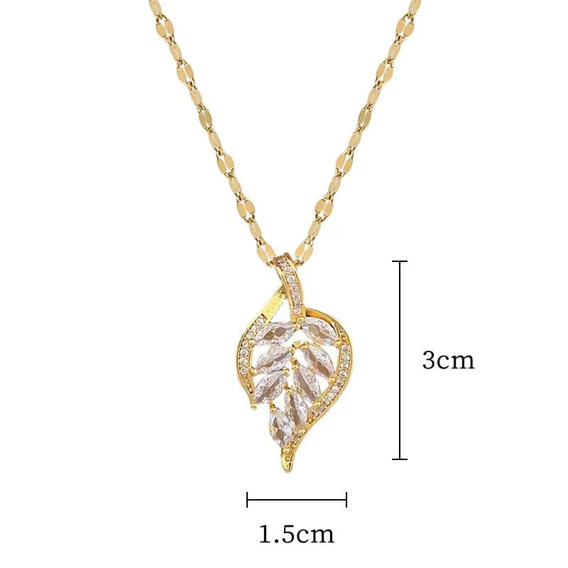 Gold Color Charming Leaf Full Rhinestone Pendant Necklace For Women