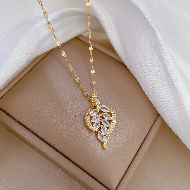 Gold Color Charming Leaf Full Rhinestone Pendant Necklace For Women