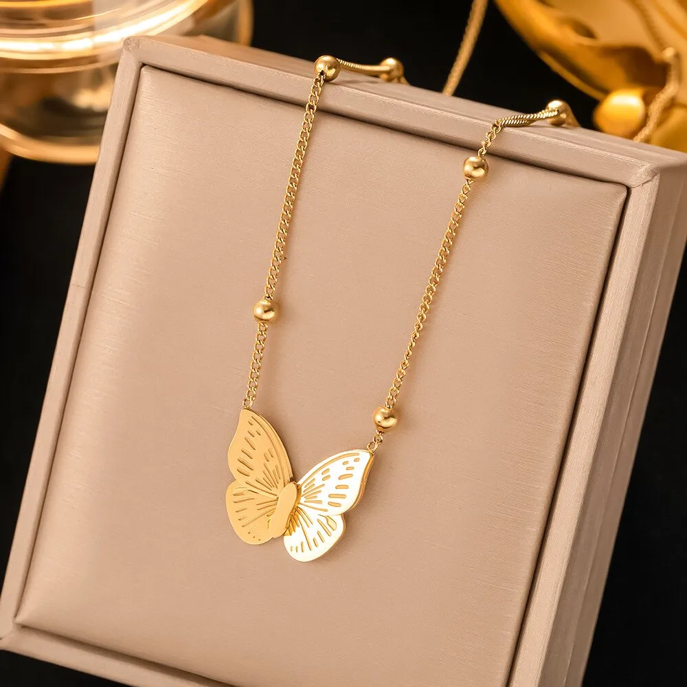 Gold Color Elegant Charm Butterfly Pendant Necklace EarringsFor Women