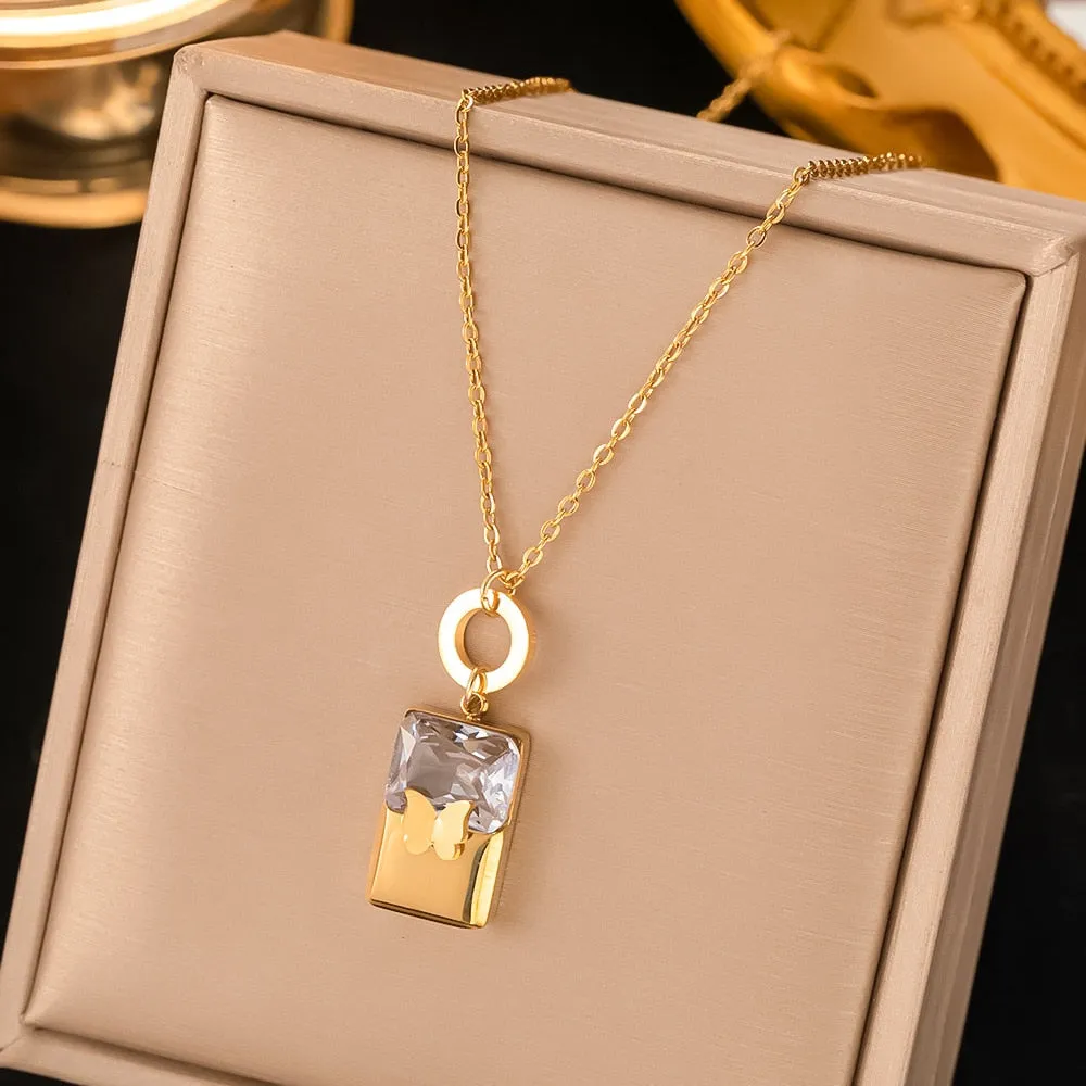 Gold Color Elegant Temperament Clear Zirconia Butterfly Necklace Earrings For Women