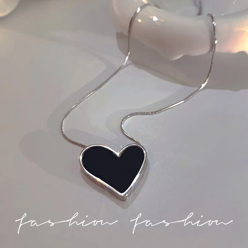 Gold Color Korean Sweet Balck Irregular Heart Big Pendant Necklace For Women