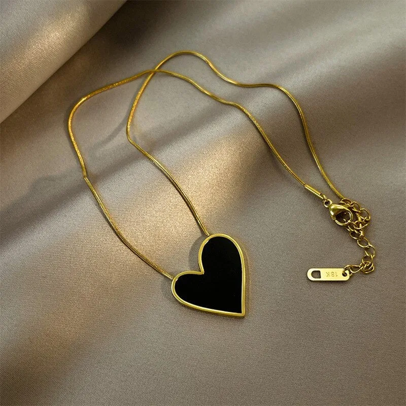 Gold Color Korean Sweet Balck Irregular Heart Big Pendant Necklace For Women