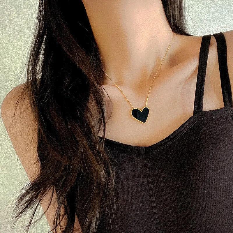 Gold Color Korean Sweet Balck Irregular Heart Big Pendant Necklace For Women