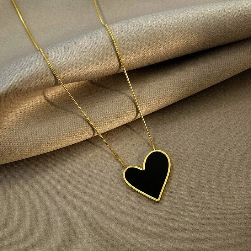 Gold Color Korean Sweet Balck Irregular Heart Big Pendant Necklace For Women