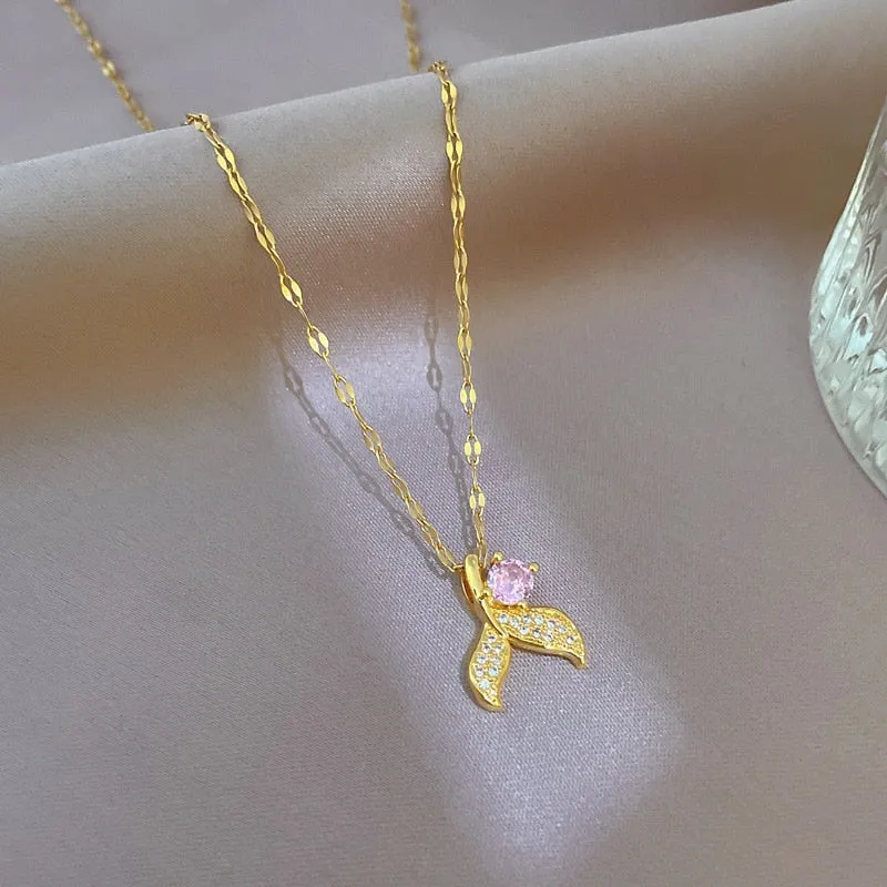 Gold Color Microinlaid Zircon Mermaid Tail Pendant Necklace