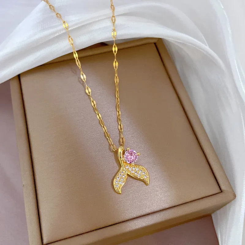 Gold Color Microinlaid Zircon Mermaid Tail Pendant Necklace