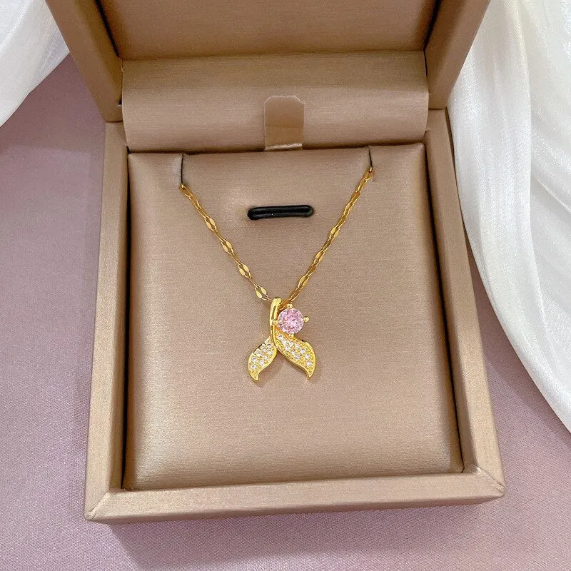 Gold Color Microinlaid Zircon Mermaid Tail Pendant Necklace