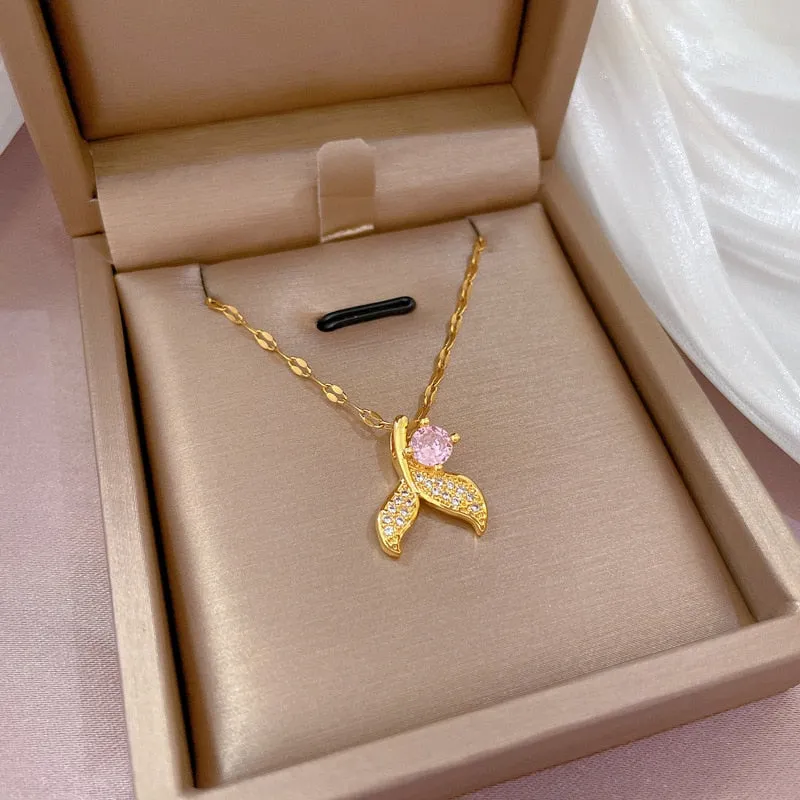 Gold Color Microinlaid Zircon Mermaid Tail Pendant Necklace