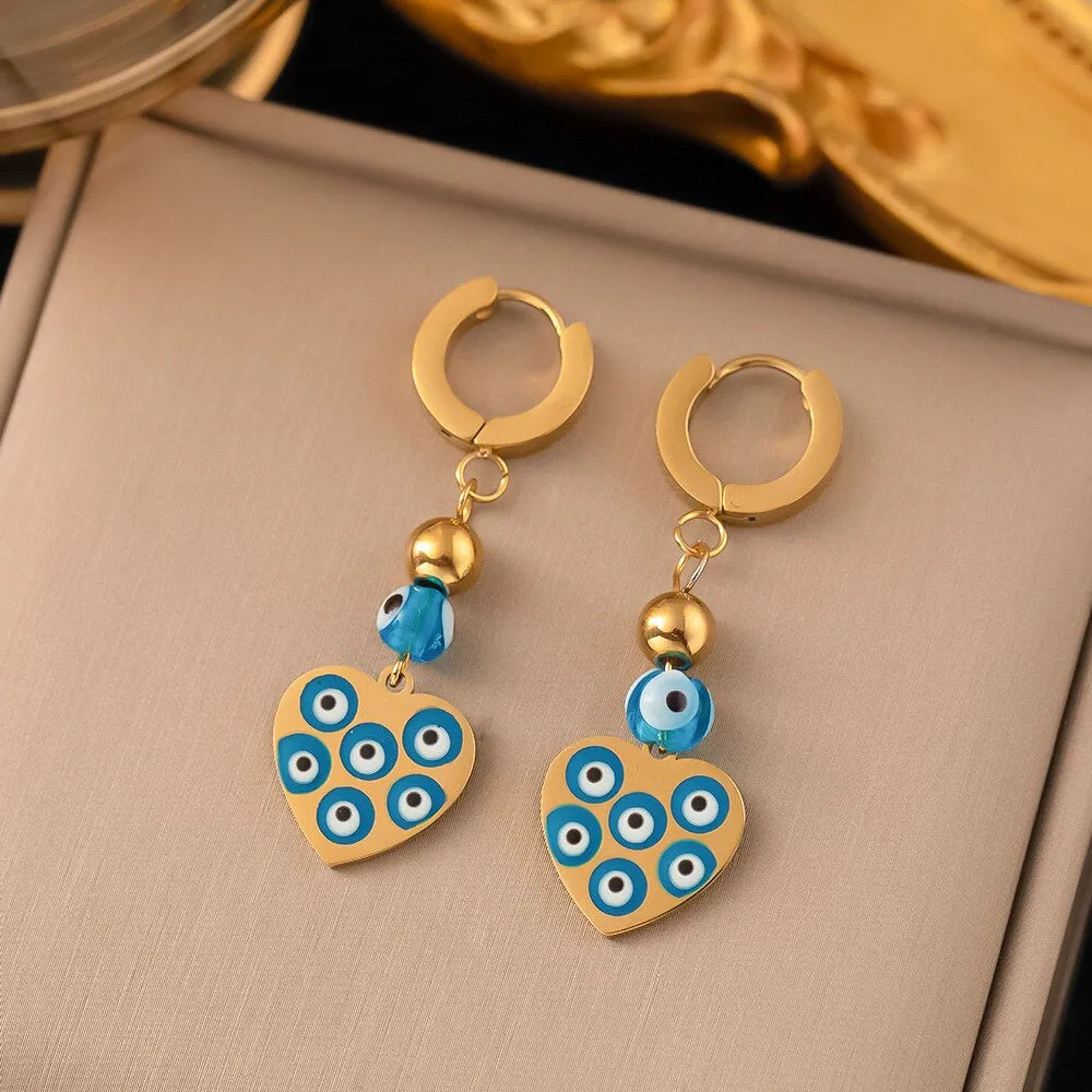 Gold Color Painted Blue Evil Eye Temperament Necklace Earrings For Women