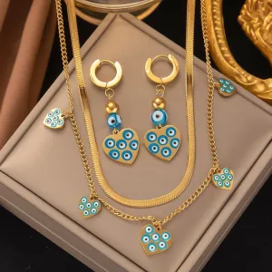 Gold Color Painted Blue Evil Eye Temperament Necklace Earrings For Women