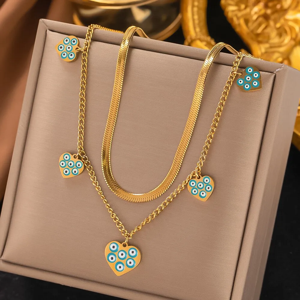 Gold Color Painted Blue Evil Eye Temperament Necklace Earrings For Women