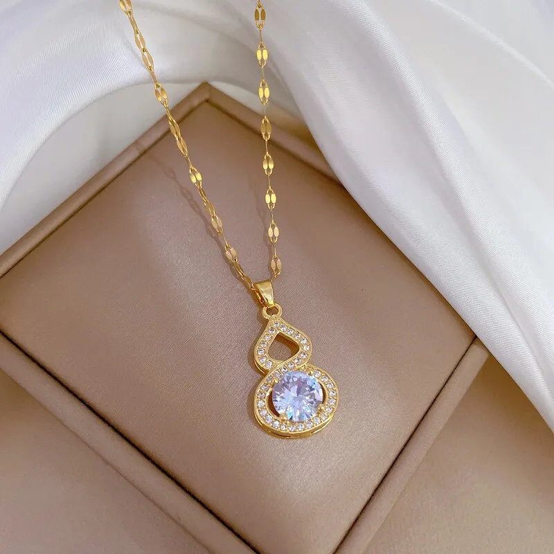 Gold Color Shine Zirconia Gourd Shaped Pendant Necklace For Women