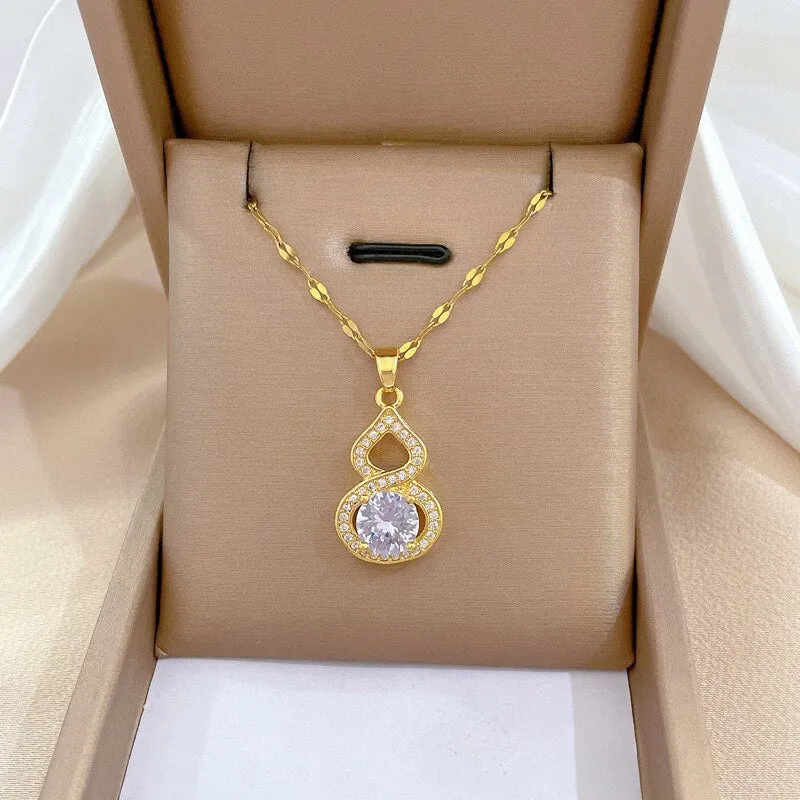 Gold Color Shine Zirconia Gourd Shaped Pendant Necklace For Women
