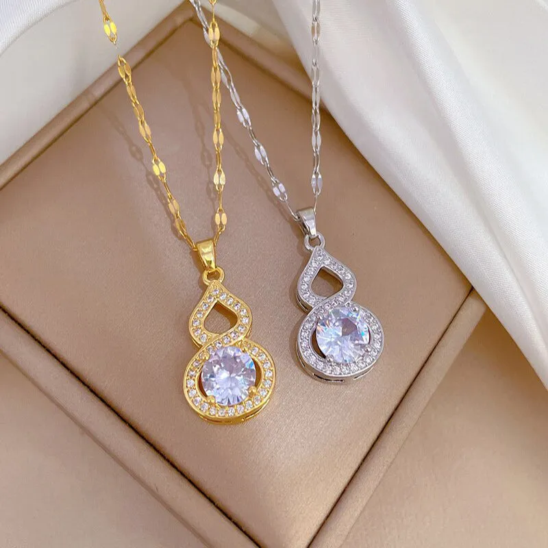 Gold Color Shine Zirconia Gourd Shaped Pendant Necklace For Women
