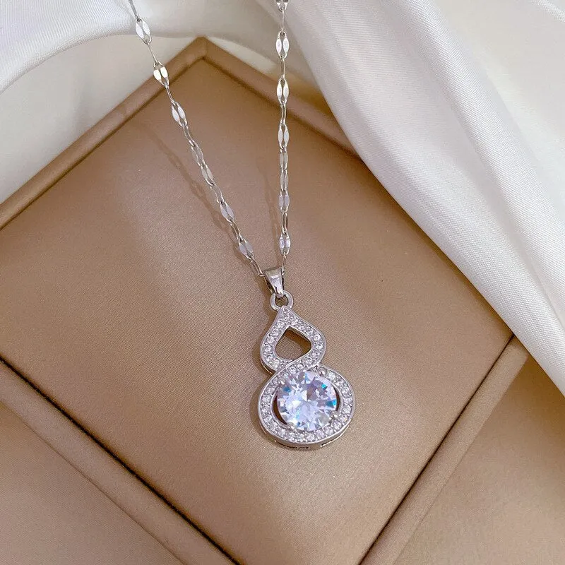 Gold Color Shine Zirconia Gourd Shaped Pendant Necklace For Women