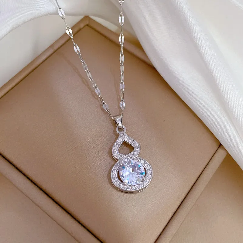 Gold Color Shine Zirconia Gourd Shaped Pendant Necklace For Women