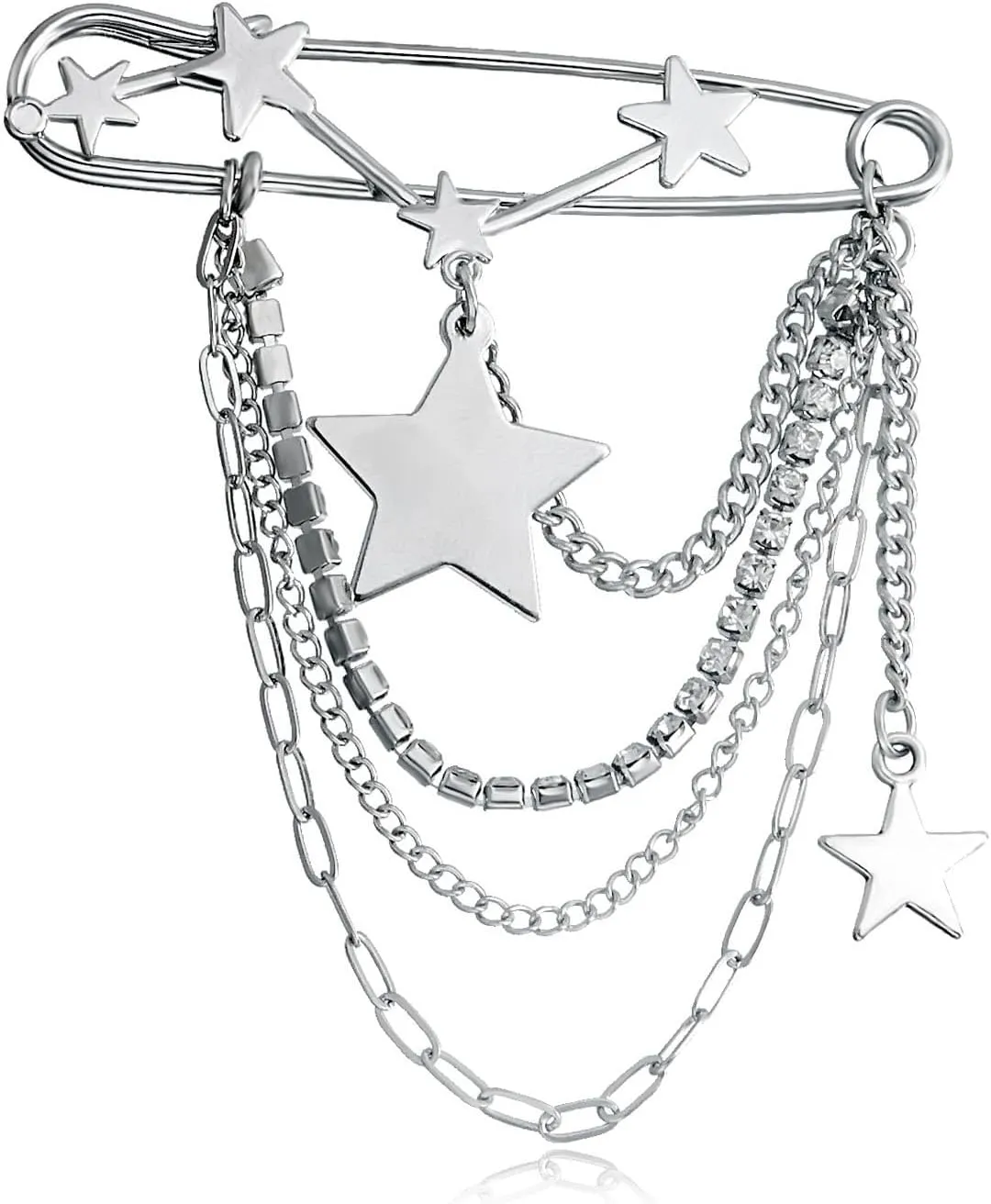 Gold Crystal Star Moon Safety Chain Tassel Brooch Pins for Women,Star Brooch Pins Sweater Shawl Clips Collar Brooch Tassel Chain Men's Suit Label