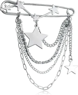 Gold Crystal Star Moon Safety Chain Tassel Brooch Pins for Women,Star Brooch Pins Sweater Shawl Clips Collar Brooch Tassel Chain Men's Suit Label