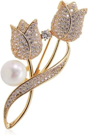 Gold Flower Brooch Pearl Brooch Tulip Brooch Pins for Women,Flower Pearl Brooch Crystal Rhinestone Tulip Brooch Pins Shawl Clips for Girls Label Pins