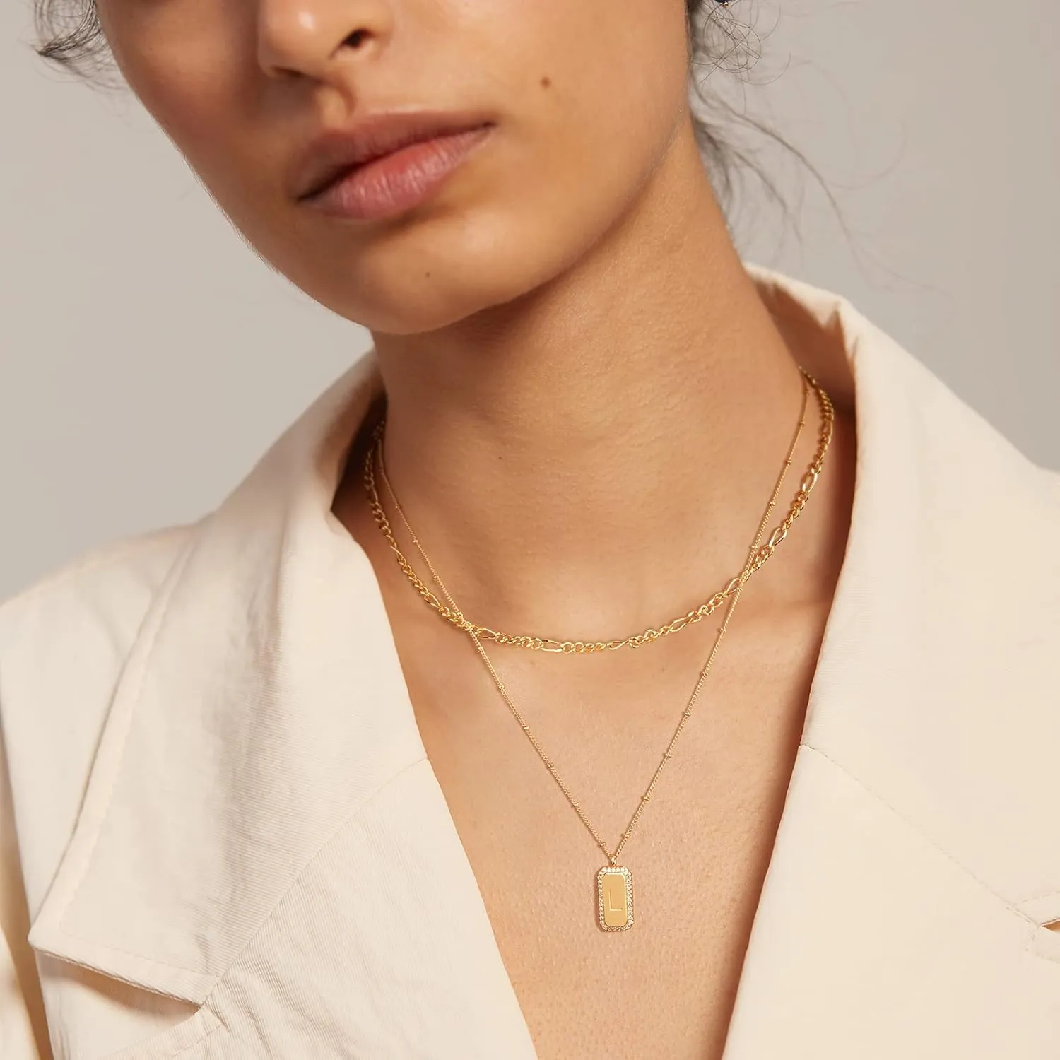Gold Initial Necklace for Women 14K Gold Plated Figaro Chain Choker Layered Necklaces Set Bar Rectangle Pendant Necklaces Simple Dainty Letter Necklace Everyday Gold Jewelry